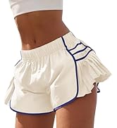 Fisoew Womens Workout Gym Shorts Running Pleated Contrast Stitch Elastic Waist Athletic Quick Dry...