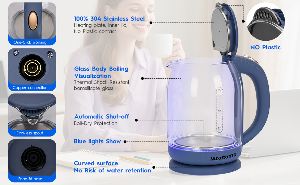 Electric kettle with 304 stainless steel heating parts and borosilicate glass body for no plasstic