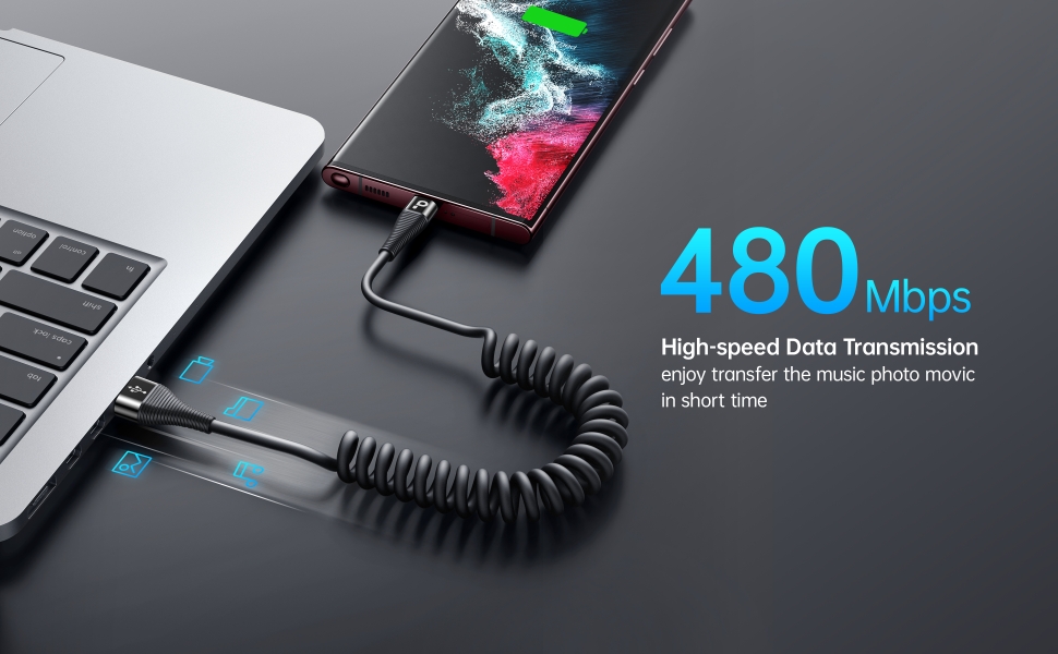 Coiled USB A to Type C Charge Cord for Car