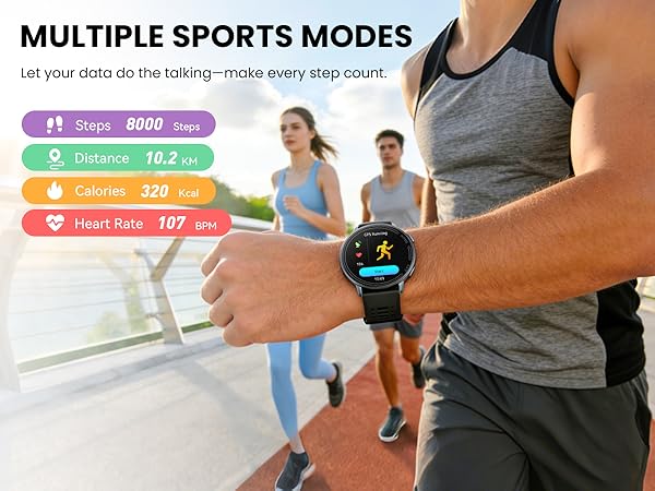 Text reads 'MULTIPLE SPORTS MODES'. Display showing fitness tracking interface with colored bars and metrics, demonstrating various exercise mode options on smartwatch screen.