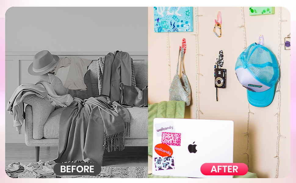 WallCandy before and after wall hooks, organize hats, bags, and accessories