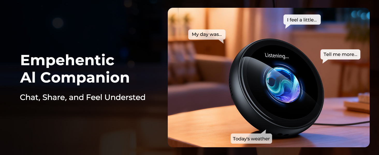 Text reads 'Empathetic AI Companion' and 'Chat, Share, and Feel Understood'. Interface showing conversation bubbles and glowing spherical AI assistant visualization.