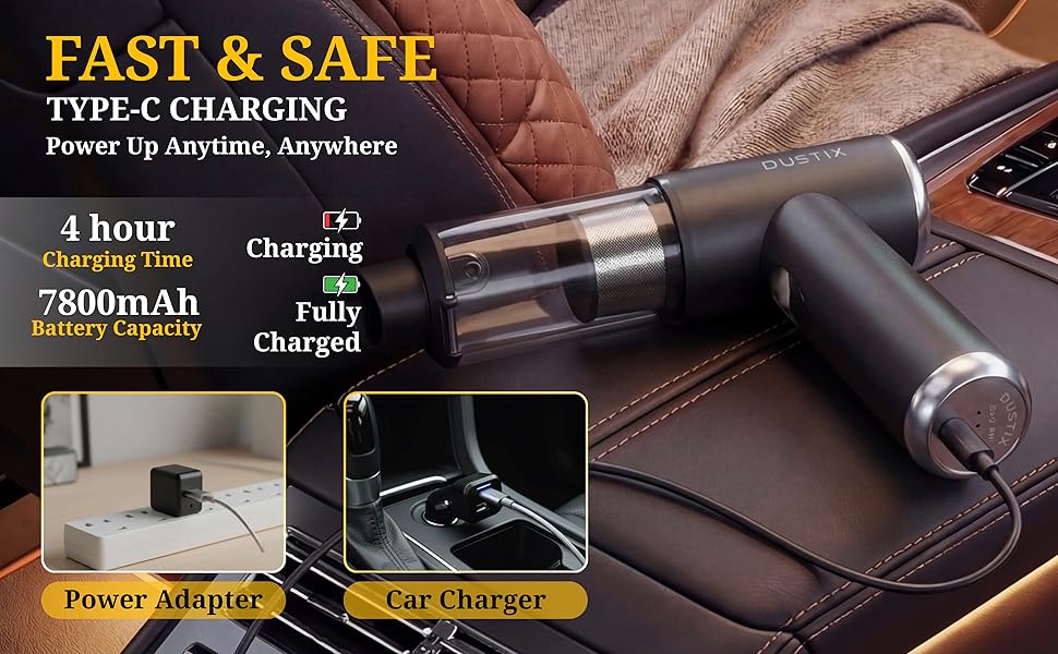 Text reads "FAST &amp; SAFE TYPE-C CHARGING Power by Anytime, Anywhere", "4 hour", "Full Charging", "7800mAh", "Battery Capacity", "Power Adapter", "Car Charger". Power bank with USB-C charging specifications and accessories shown.