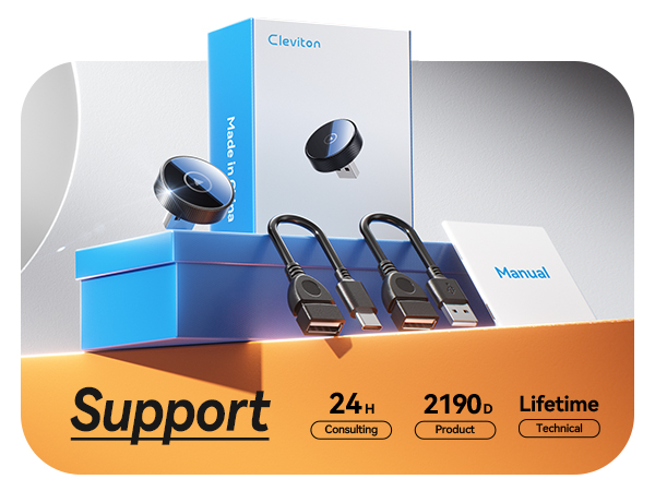 Text shows 'Support' with '24hr', '2190m', and 'Lifetime' indicators. Product display features blue geometric platforms with wireless earbuds and charging case.