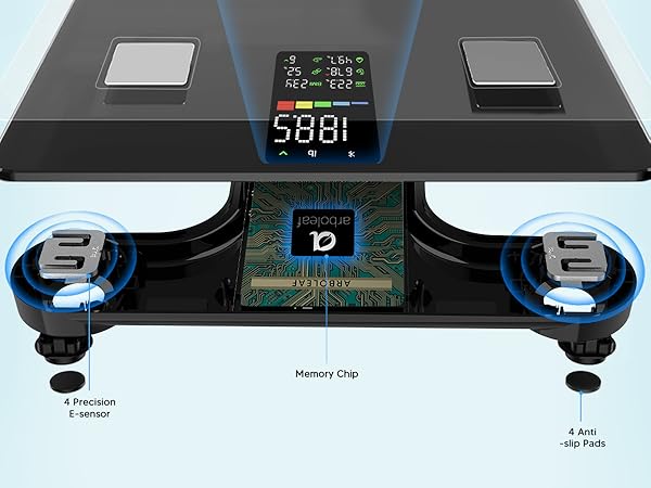 Smart scale with BMI, body fat, and muscle mass sensors, featuring memory chip and anti-slip pads.