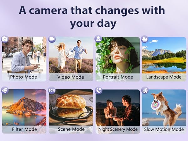 Digital camera with 8 shooting modes for creative selfies, travel photos, and daily moments.
