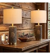 OYEARS 25.5'' Rustic Farmhouse Table Lamps, Faux Wood Tree Bark Lamps with Gold Base, Bedside Lam...