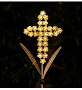 WSgift White Cross Garden Stake Solar Lights Metal Hydrangea Cross Stake Memorial Gift w/ 28 LEDs...