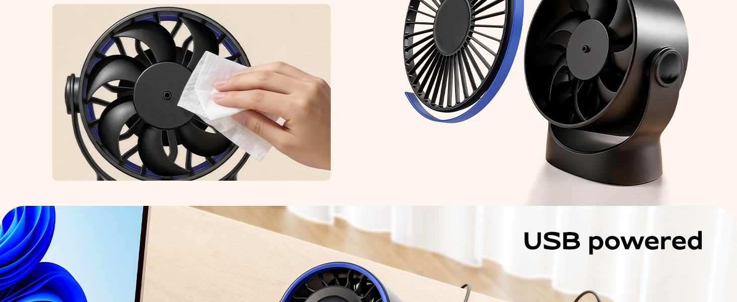 Text reads 'USB powered'. Series of images showing a portable fan device being held and demonstrated from various angles.