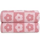 Jacquotha 2-Pieces Luxury Bath Towels Checkered Floral, Pink Shower Towel for Women Girls 27.5x55...