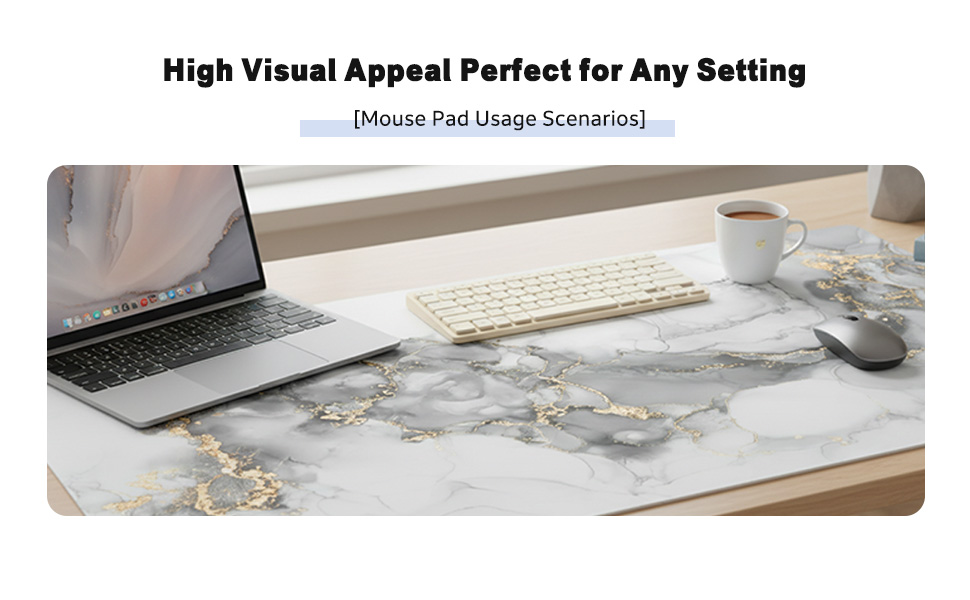 White marble extended mouse pad with grey ink patterns and luxurious gold veins.