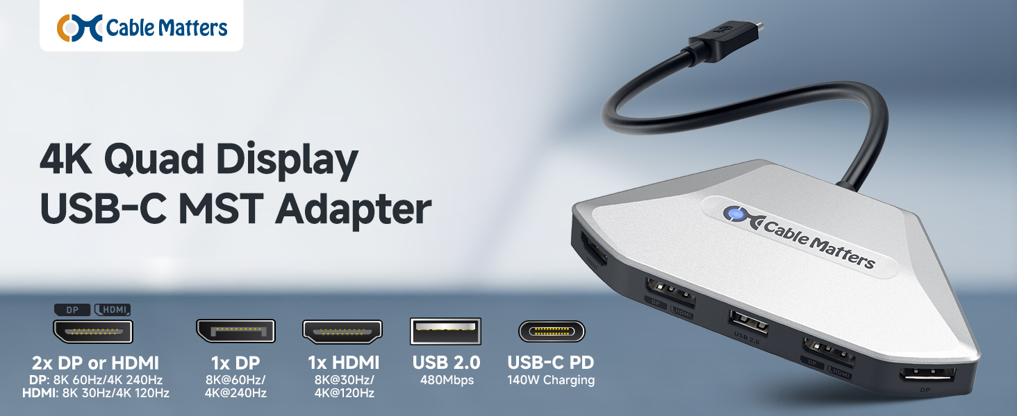 Cable Matters 4K Quad Display USB C MST Adapter with DisplayPort 2.1 and HDMI 2.1, 8K resolution