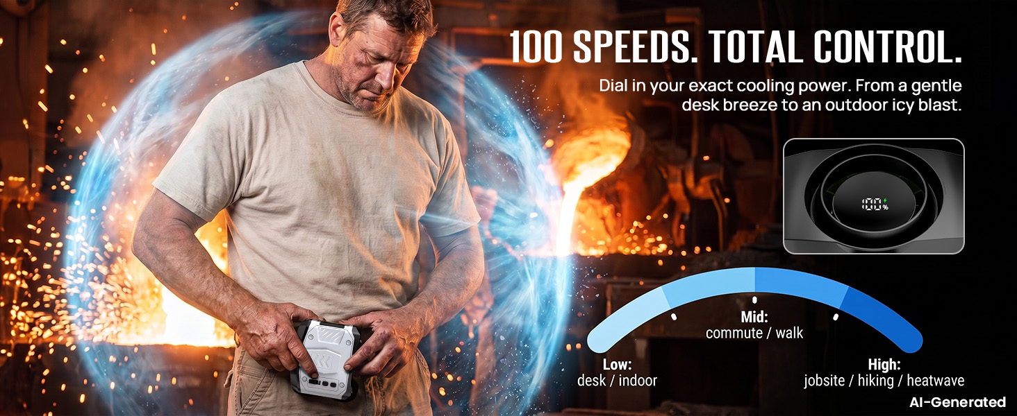 portable belt fan with 100 speeds control gives precise airflow for light breeze or high-heat tasks