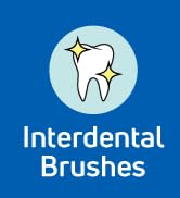 A sparkling white tooth on a blue background. Text reads: “Interdental brushes.”