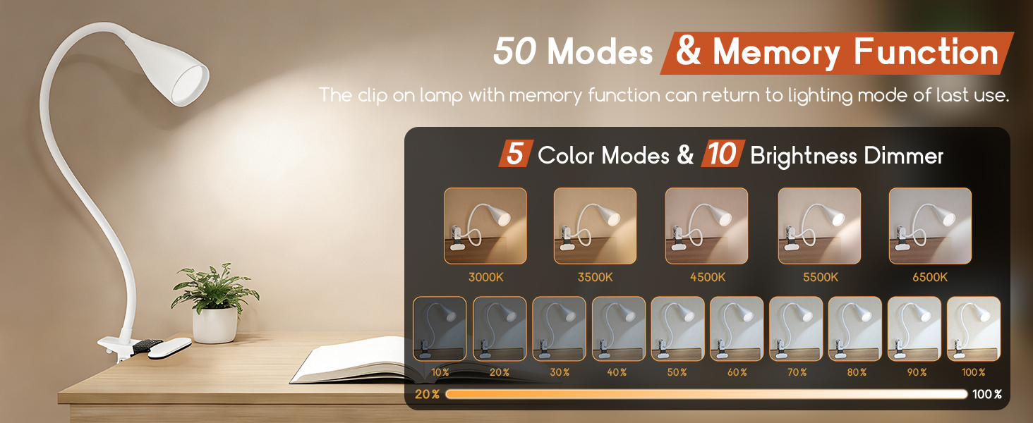 Reading Light for Bed Headboard LED Desk Lamp with Clamp for Bedside Bedroom Table