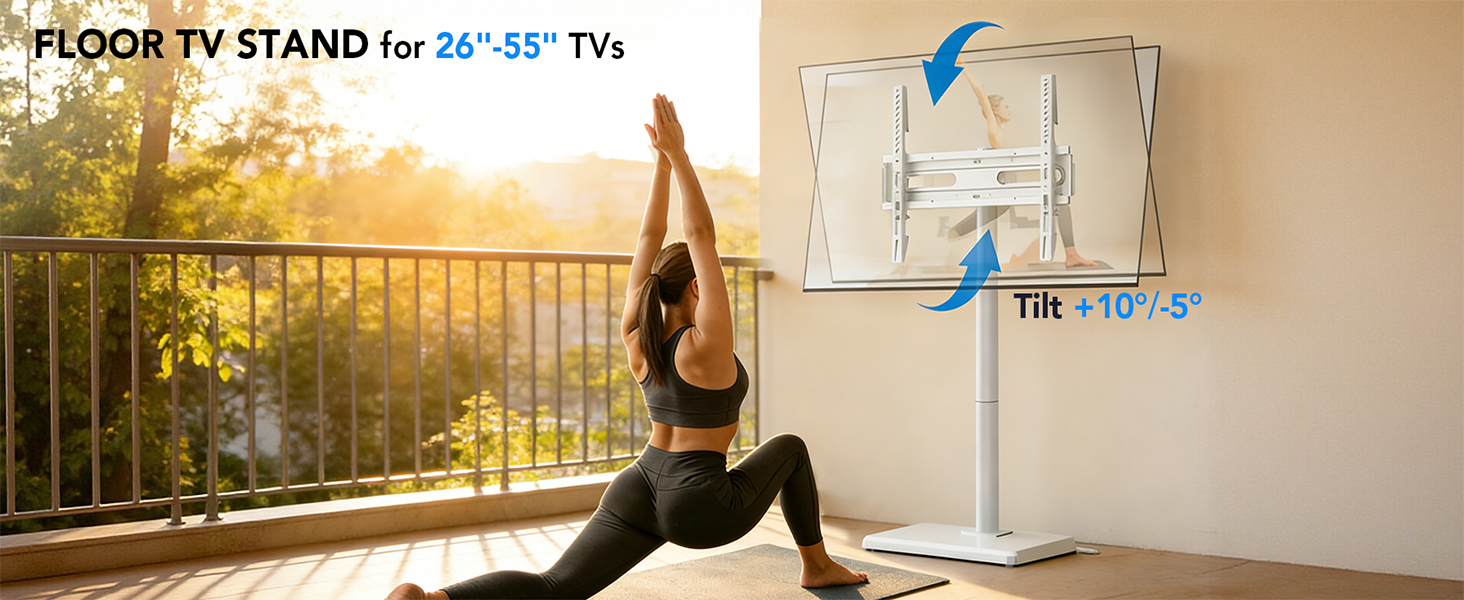 Text reads: 'FLOOR TV STAND for 26"-55" TVs'. Multiple images showing person exercising near window and lifestyle shots in sunlit interior spaces.