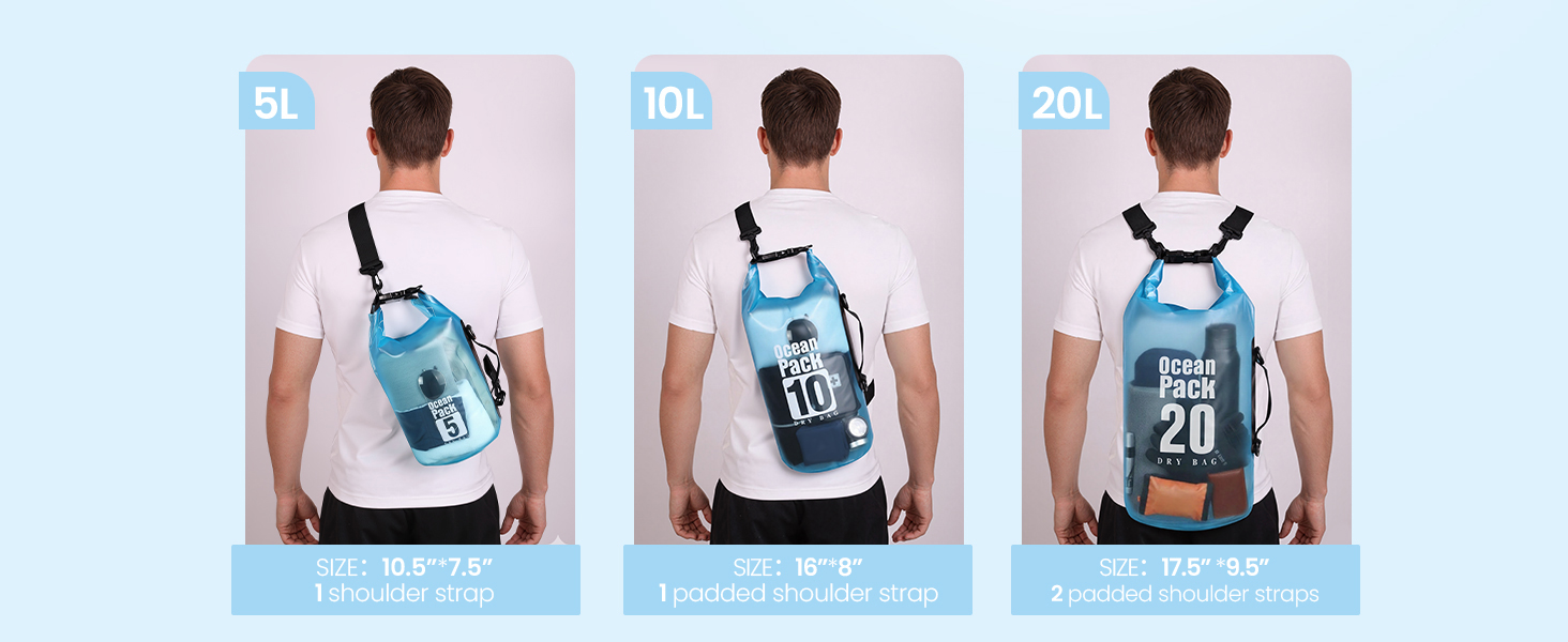 TILYMOL dry bags come in three sizes to meet different needs for kayaking, beach, camping