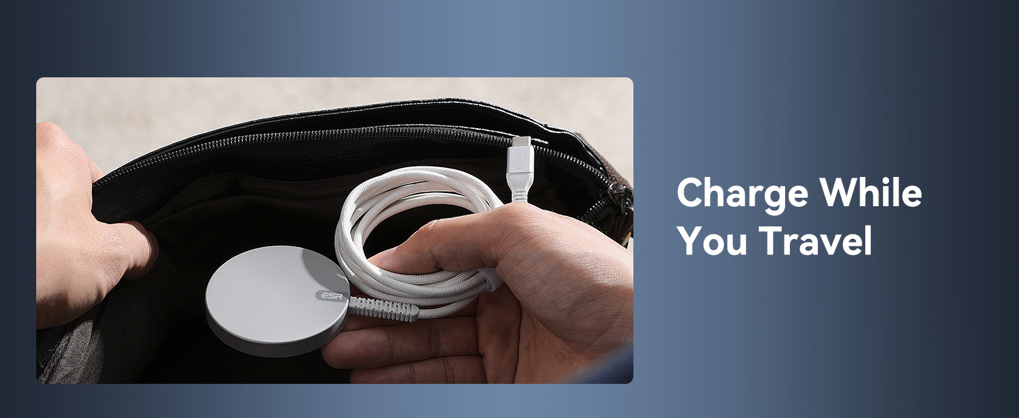 Closeup of a charging cable being stored in a black zippered case, with text indicating 'Charge While You Travel'.