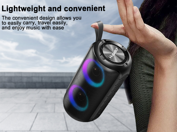 Text reads 'Lightweight and convenient' and 'The convenient design allows you to easily carry, small easily, and fast shipping'. Portable speaker with RGB lighting being held outdoors.