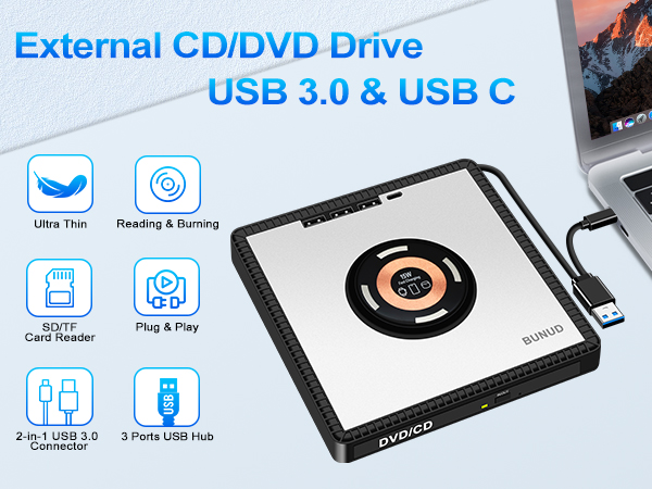plug play external dvd drive ultra thin reading burning usb 3.0 type c