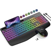 Wireless Keyboard and Mouse Combo, 9 Backlit Effects, Wrist Rest, Phone Holder, 2.4G Lag-Free Erg...