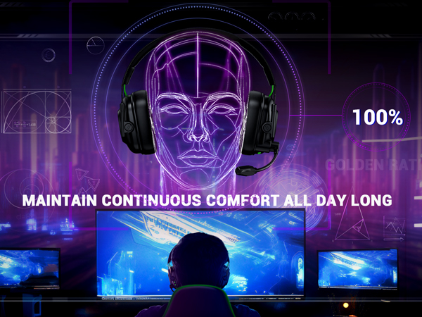 a man wearing headphones and a headset with a neon background.