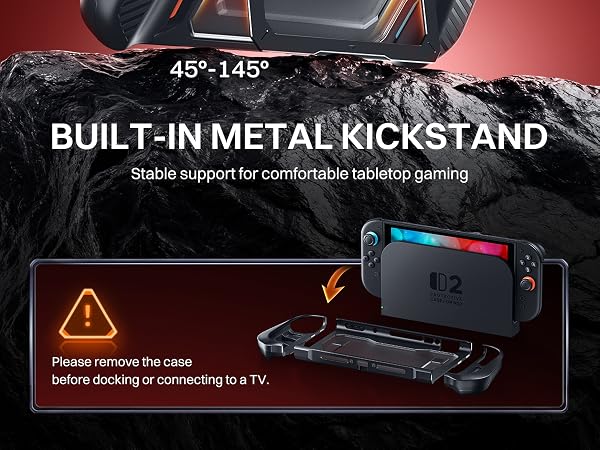 Switch 2 protective case with adjustable metal kickstand for tabletop play.