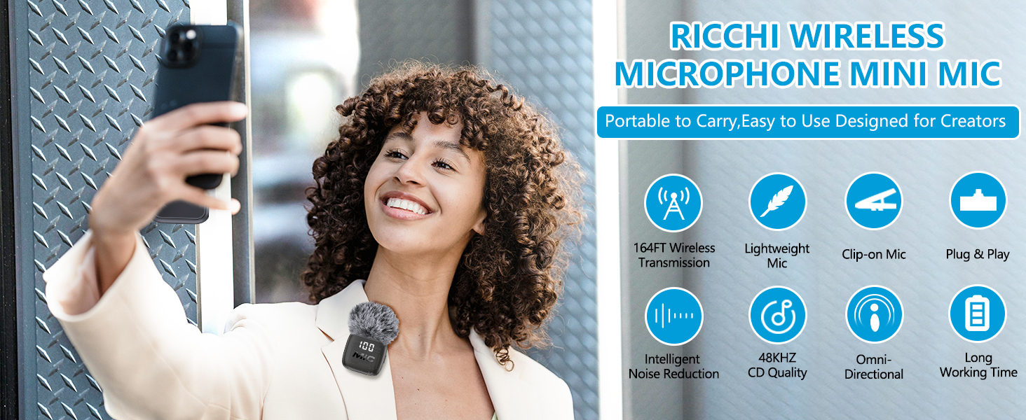 Text reads 'RICCHI WIRELESS MICROPHONE MINI MIC' and 'Perfect for Easy-to-Use Designed for Creators' with feature icons. Woman holding compact black wireless microphone with dual-view display.