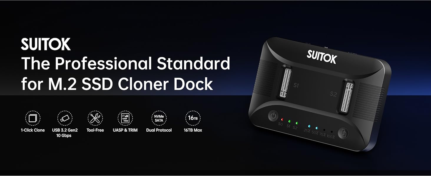 SUITOK Dual-Bay M.2 NVMe SSD Cloner Duplicator for Offline Data Migration and System Upgrade Kits.