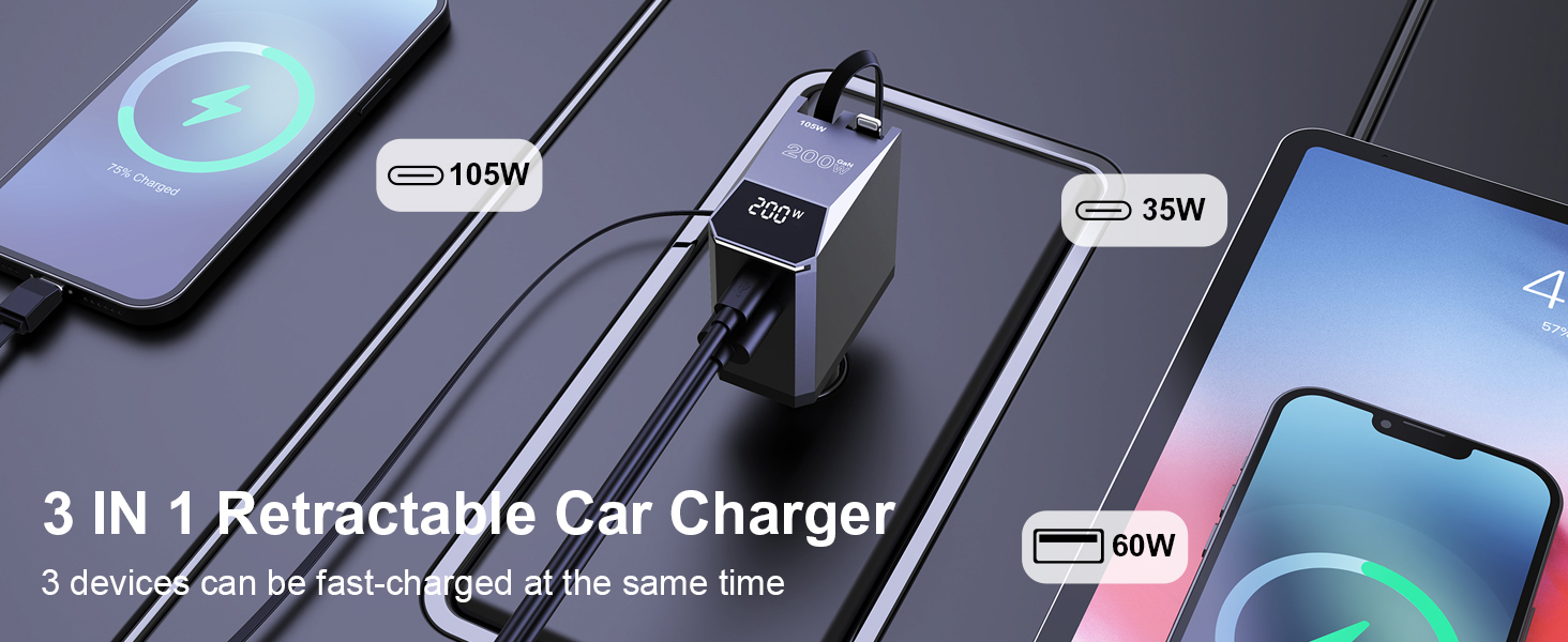 3-in-1 200W Retractable Car Charger