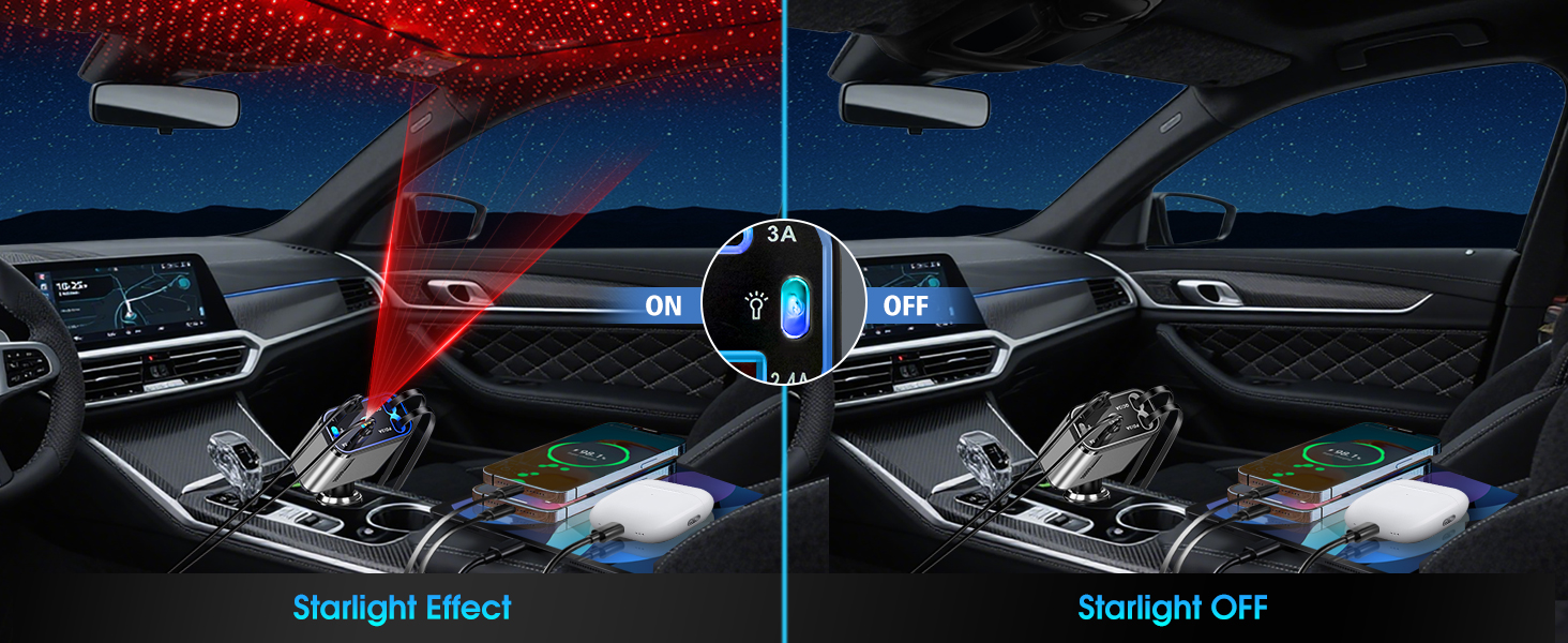 Retractable Car Charger with Starlight 120W Fast Charging Car Road Trip Accessory