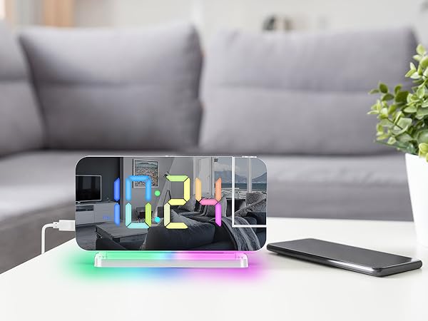 projection led mirror digital alarm clock with rgb night light