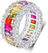 LGYIC 18K White Gold Plated Eternity Band Ring for Women, Colorful Cubic Zirconia Halo Wedding Ri...