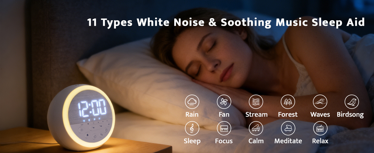 Text reads '11 Types White Noise &amp; Soothing Music Sleep Aid'. Digital display showing various sleep-related icons and time display of 2:00.