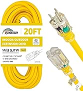 HONDERSON 20FT 14/3 Lighted Outdoor Extension Cord - 14 Gauge 3 Prong SJTW Heavy Duty Yellow Exte...