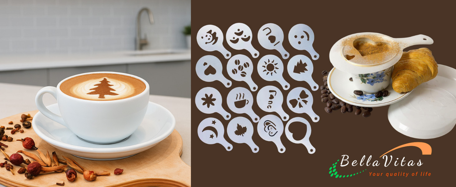 Latte with cocoa tree design, 16 white latte stencils, and a heart stencil sifter with croissant.