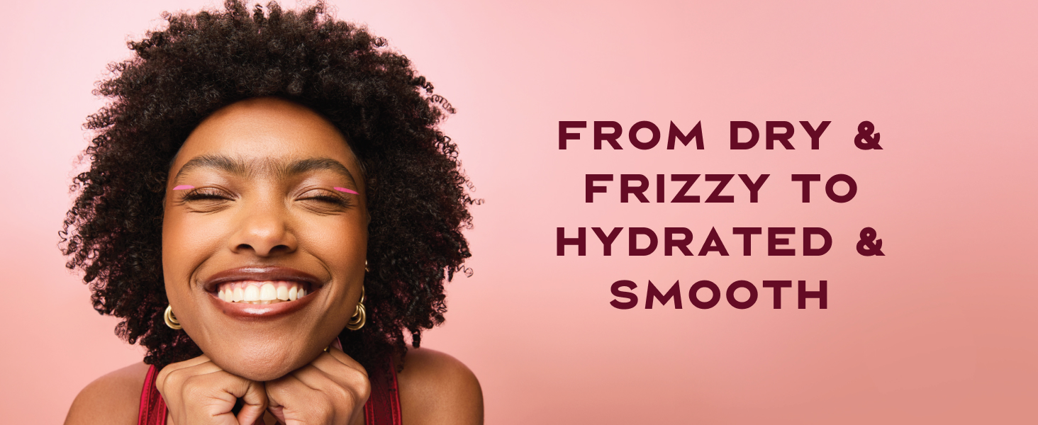 Image of a young woman with curly afro hair next to text about hydrated &amp;amp; smooth results.