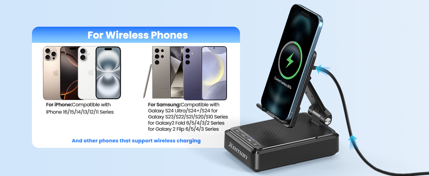 Wireless charging station for mobile phones