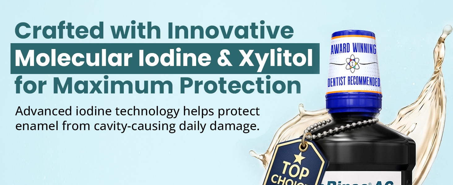 Fluoride mouth rinse featuring xylitol and molecular iodine in mint flavor
