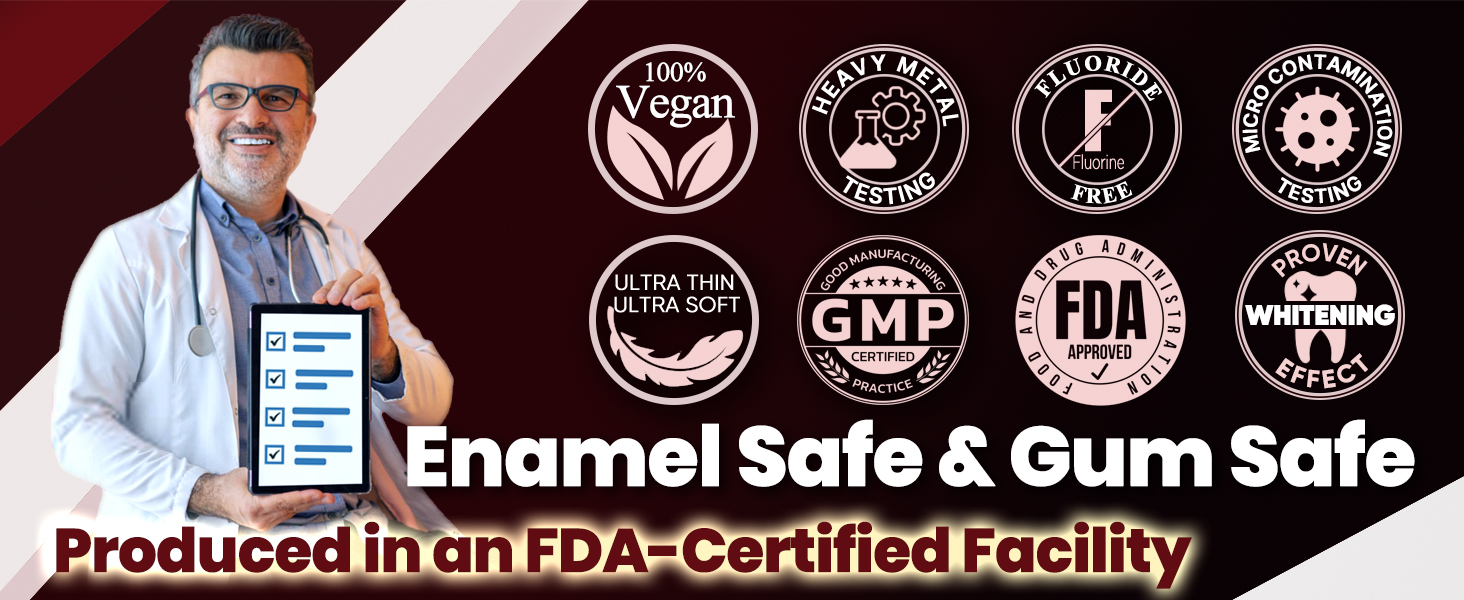 Text reads 'Enumeral Safe &amp; Culti Safe' and 'Produced in an FDA-Certified Facility'. Row of certification badges and quality assurance symbols on dark burgundy background.