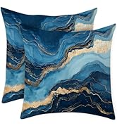 ANNA QUEEN Blue Marble Gold Vein Pillow Covers 18x18 Set of 2 – Modern Abstract Linen Throw Cushi...
