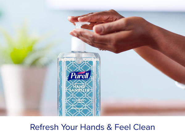 Image of a hand pumping Purell hand sanitizer into another hand