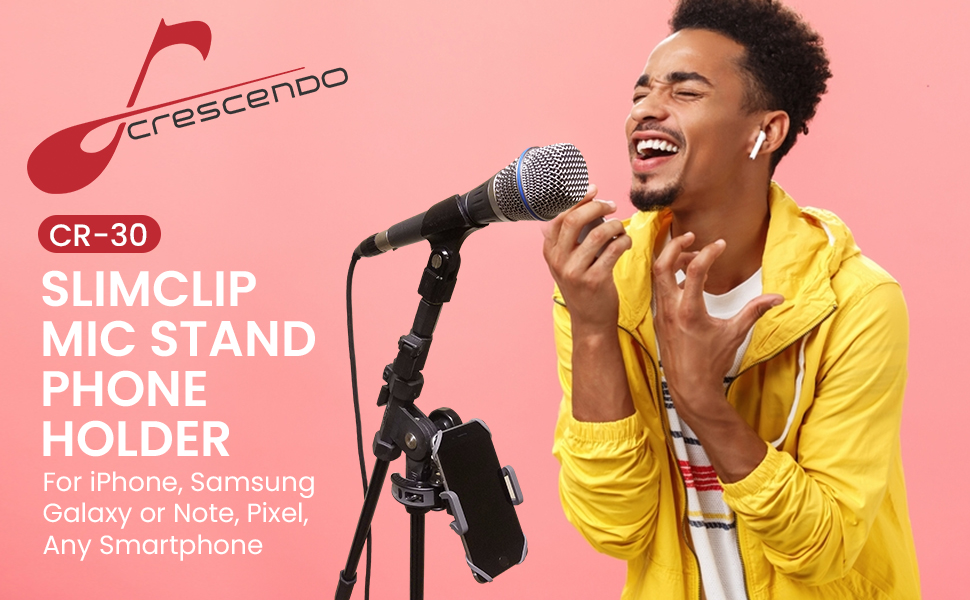 Male singer using phone holder on mic stand