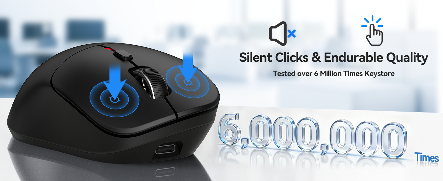 Text reads 'Silent Clicks &amp; Endurable Quality'. Product demonstration of a computer mouse with blue icons indicating click sound and durability features.