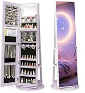 CHARMAID 360° Swivel Jewelry Armoire with Full Length Mirror, Rear Storage Shelves, Lockable Stan...