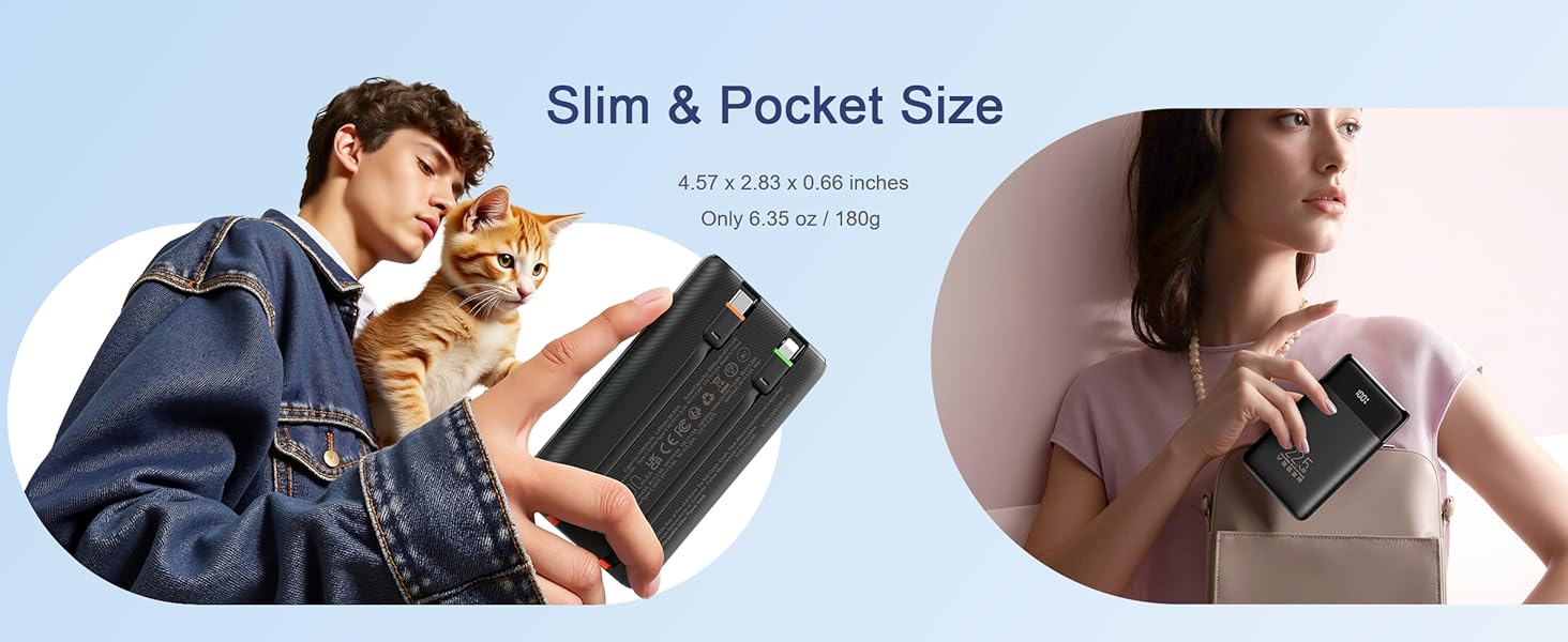 Slim Portable Charger, Pocket Size, Weighing 6.35 oz/180g, measuring 4.57 x 2.83 x 0.66 inches