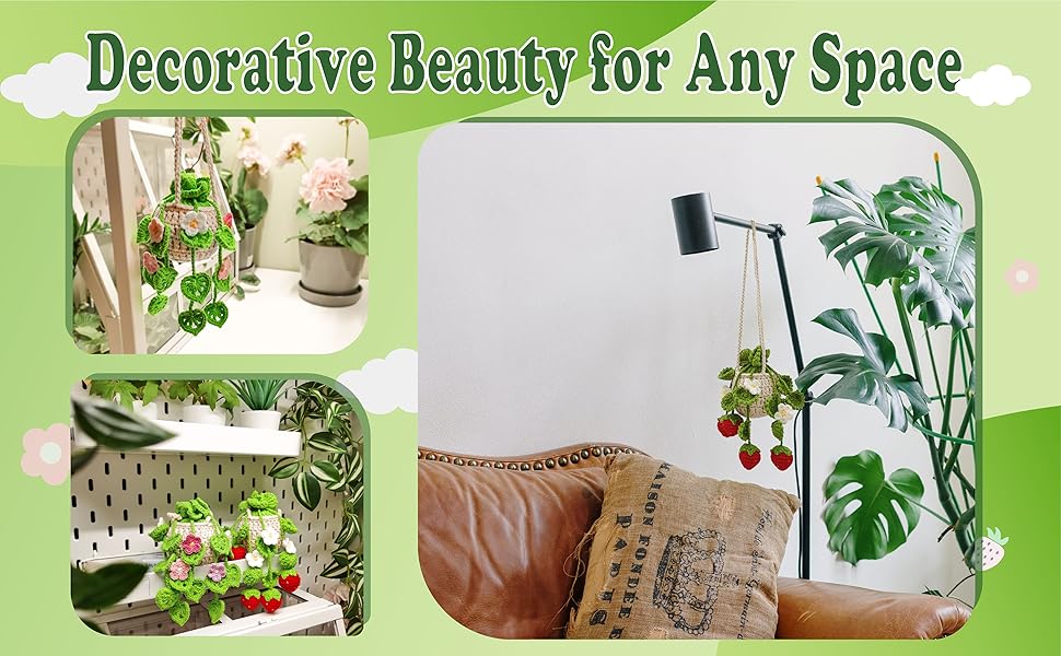 Crochet hanging baskets are versatile suitable for car decor and various spaces like homes gardens