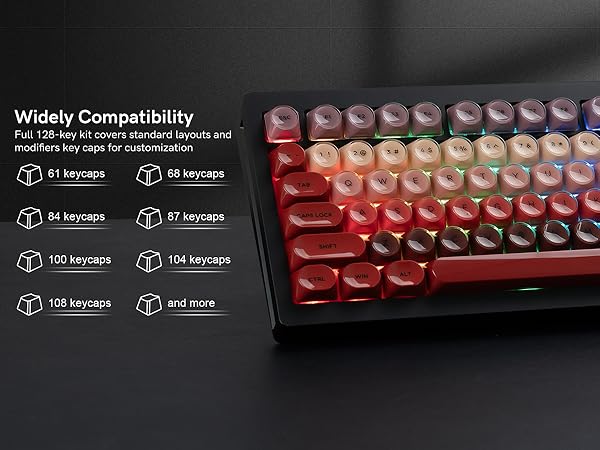 wide compatibility, suitable for keyboards with 61, 68, 84, 87, 100, 104, 108 keycaps and more.