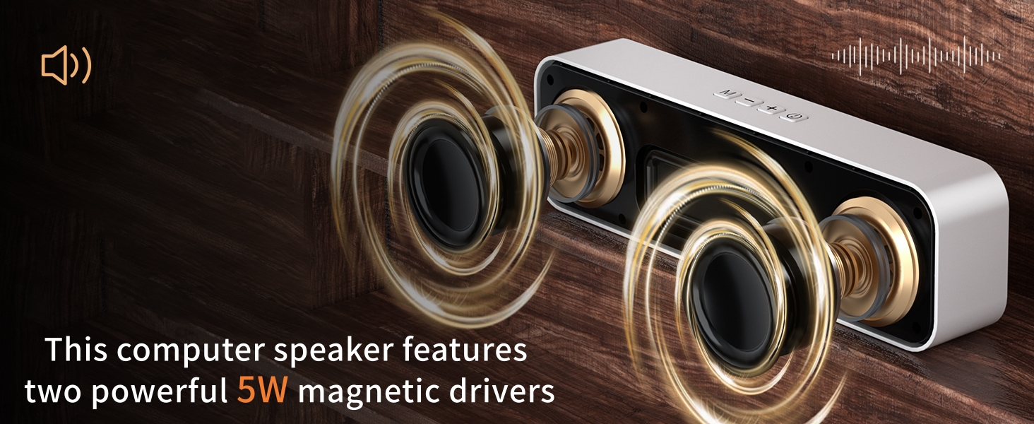 Desktop computer speaker with dual 5W drivers, deep bass and surround sound.
