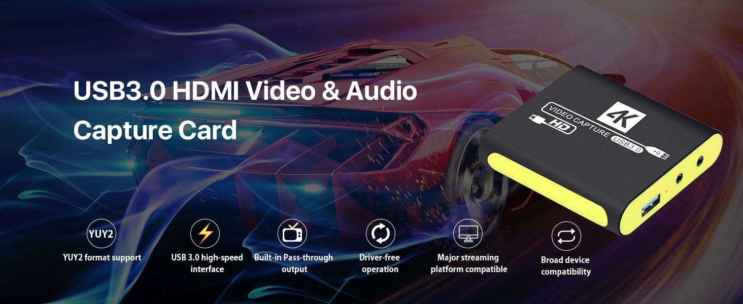 USB3.0 4K Capture Card (Black-Yellow): 6 key features (YUY2, USB3.0)